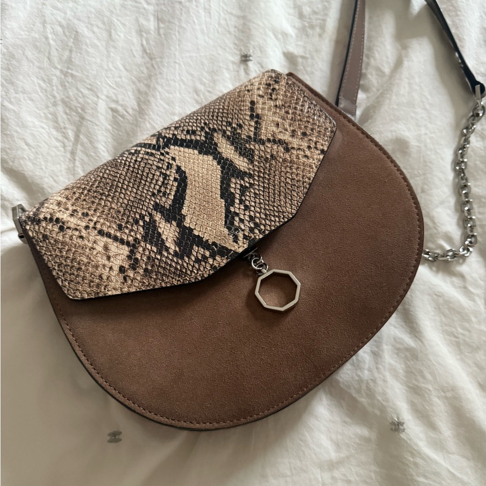 Suede Brown and Snake Print Crossbody Bag